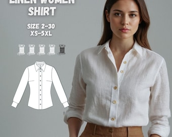 May include: A white linen shirt with a button-down collar and long sleeves. The shirt is shown on a model with brown pants. The text "LINEN WOMEN SHIRT" and "SIZE 2-30 XS-5XL" is displayed above the image.