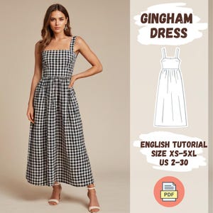 Patrón de costura de vestido de cuadros vichy en PDF, tutorial de vestido largo, tallas XS-5XL, patrón imprimible en PDF, vestido con tirantes finos, vestido con bolsillos