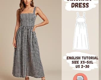Gingham Dress Sewing Pattern PDF, Maxi Dress Tutorial, XS-5XL, Printable PDF Pattern, Strap Spaghetti Dress, Pockets Dress