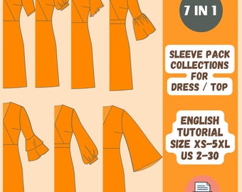 7 in 1 Sleeve Package Sewing Pattern PDF, 7 Designs Add-on sleeves Blouse  Dress, Bishop Sleeve, Flared Sleeve, Gathered Sleeve, Bell Sleeve