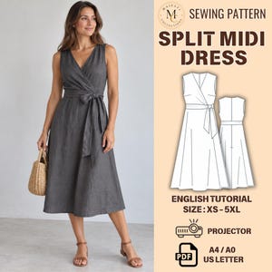 Peut inclure: Une robe midi sans manches gris foncé avec un décolleté en V et une ceinture à nouer. L'image comprend un patron de couture technique pour une robe midi fendue, avec les tailles XS-5XL, tutoriel anglais, projecteur et PDF A4/A0/US Letter.