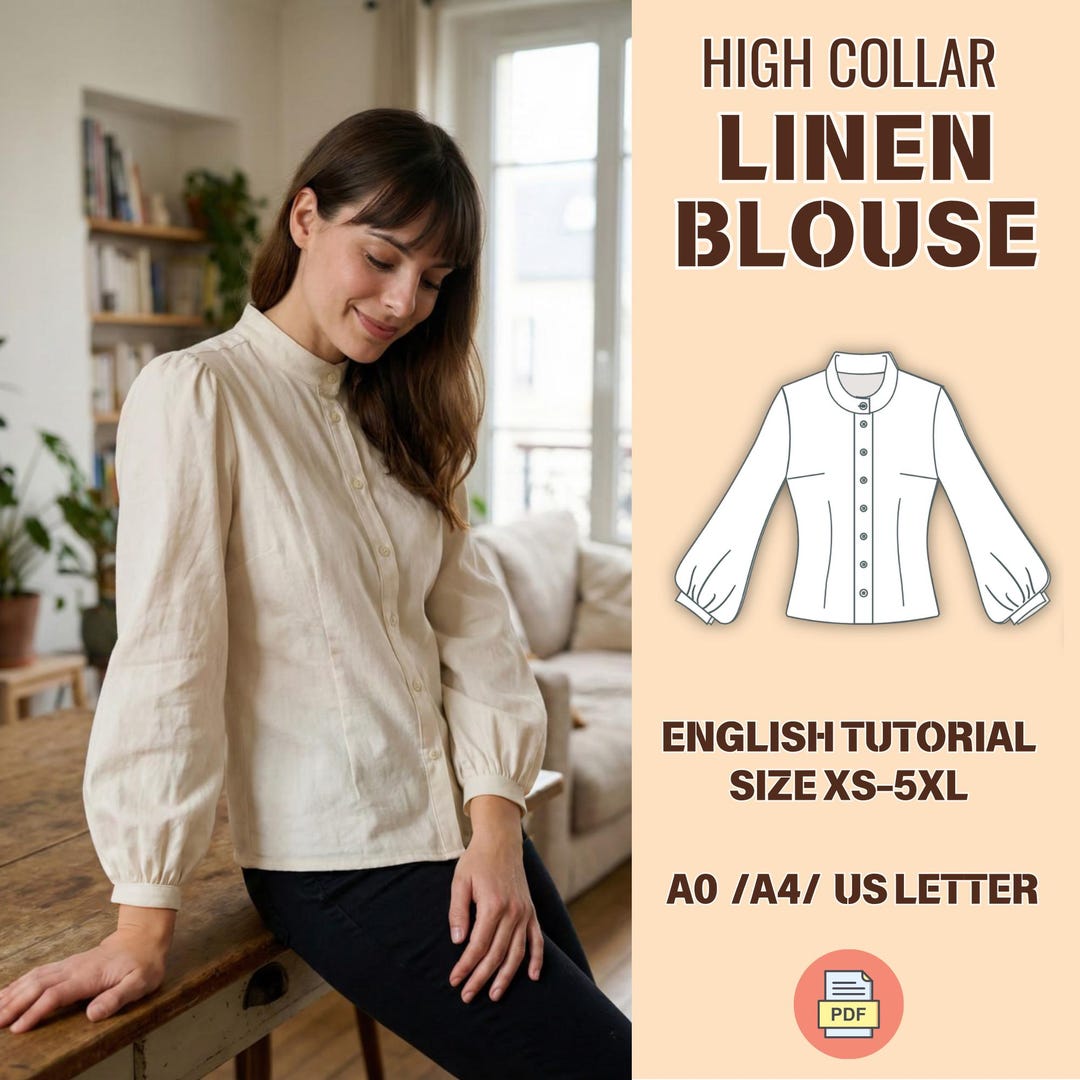 High Collar Linen Blouse PDF Sewing Pattern Bishop Sleeve, Shirt ...
