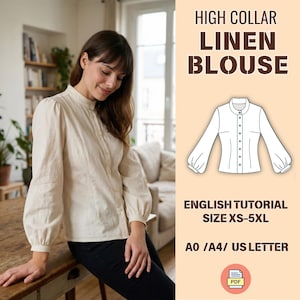 Puede incluir: Se muestra una blusa de lino beige con cuello alto y mangas largas. La imagen incluye un diagrama de la blusa y el texto "HIGH COLLAR LINEN BLOUSE", "ENGLISH TUTORIAL" y "SIZE XS-5XL".