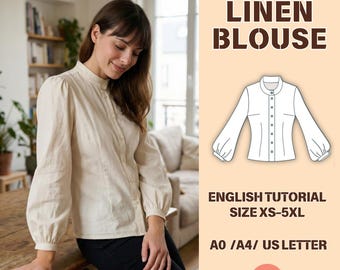 Blus med hög krage i linne, PDF-sömnadsmönster, biskopsärm, skjorta, topp med knappar, XS-5XL