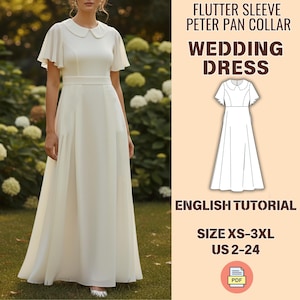 May include: A white wedding dress with a Peter Pan collar and flutter sleeves. The dress has a fitted bodice and a flowing skirt. The image includes the text "WEDDING DRESS", "ENGLISH TUTORIAL", and size information.