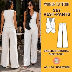 May include: A white vest and trousers set. The vest features a black panel on one side with buttons. The trousers are wide-legged. The image also includes a diagram of the vest and trousers, and text that says "WOMEN PATTERN SET VEST-PANTS" and "ENGLISH TUTORIAL SIZE: S-3XL".