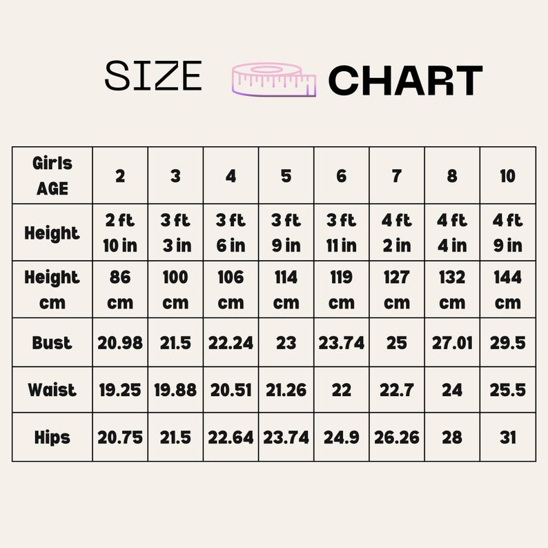 May include: Size chart for girls' clothing, showing measurements in inches and centimeters for ages 2 to 10. The chart includes height, bust, waist, and hips.