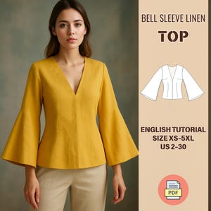 Op de afbeelding: Mosterdgeel linnen top met klokmouwen en een diepe V-hals. De top wordt gecombineerd met een beige broek. De afbeelding bevat de tekst "BELL SLEEVE LINEN TOP" en "ENGLISH TUTORIAL SIZE XS-5XL US 2-30". Er is ook een PDF-pictogram aanwezig.