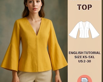 Naaipatroon blouse blouse met klokmouwen – top met V-hals en uitlopende mouwen PDF | Patroon linnen damesshirt | Losse linnen tuniek, geschikt voor beginners