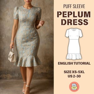 Hight Waist Wedding Dress, Puff Sleeve Dress Pattern, Formal Western Dress, XS-5XL, Peplum Dress Sewing Pattern