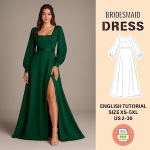 Puede incluir: Un vestido de dama de honor verde con mangas largas, escote cuadrado y abertura lateral. El vestido tiene un corpiño ajustado y una falda fluida. El vestido está disponible en tallas XS-5XL y tallas US 2-30. La imagen incluye el texto "BRIDESMAID DRESS" y "ENGLISH TUTORIAL SIZE XS-5XL US 2-30".