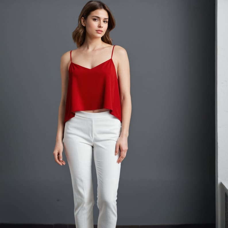 Op de afbeelding: Een vrouw draagt een rood, mouwloos topje met een witte V-hals en een witte broek.