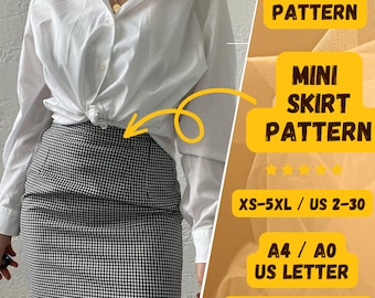 May include: A PDF pattern for a mini skirt in sizes XS-5XL (US sizes 2-30). The pattern is available in A4, A0, and US Letter sizes. The pattern includes English instructions.