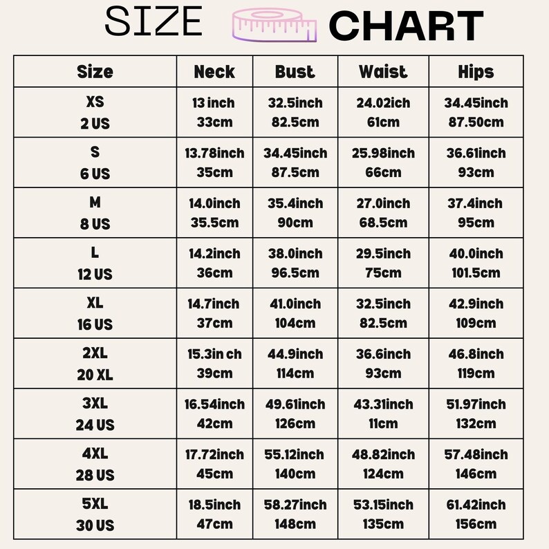 Puede incluir: Tabla de tallas para ropa con medidas en pulgadas y cent&iacute;metros. La tabla incluye tallas XS a 5XL, con las medidas correspondientes de cuello, busto, cintura y caderas.