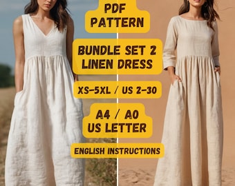 Set Bundle of 2 Dresses Long Linen V-Neck Dress and Boat Neck Gathered Pockets Dress Sleeveless Dress PDF Sewing Pattern