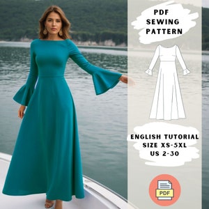 Elegant Long-Sleeve Dress Sewing Pattern | Bell Sleeves Maxi Dress PDF | Sizes XS-5XL US 2-30 | Flared Sleeve Dress | Half Circle Dress