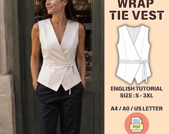 Puede incluir: Una mujer con un chaleco cruzado color crema y pantalones negros. El chaleco tiene cuello en V y cinturón anudado. La imagen incluye un gráfico de patrón de costura con el texto "WRAP TIE VEST" y "ENGLISH TUTORIAL SIZE: S-3XL".