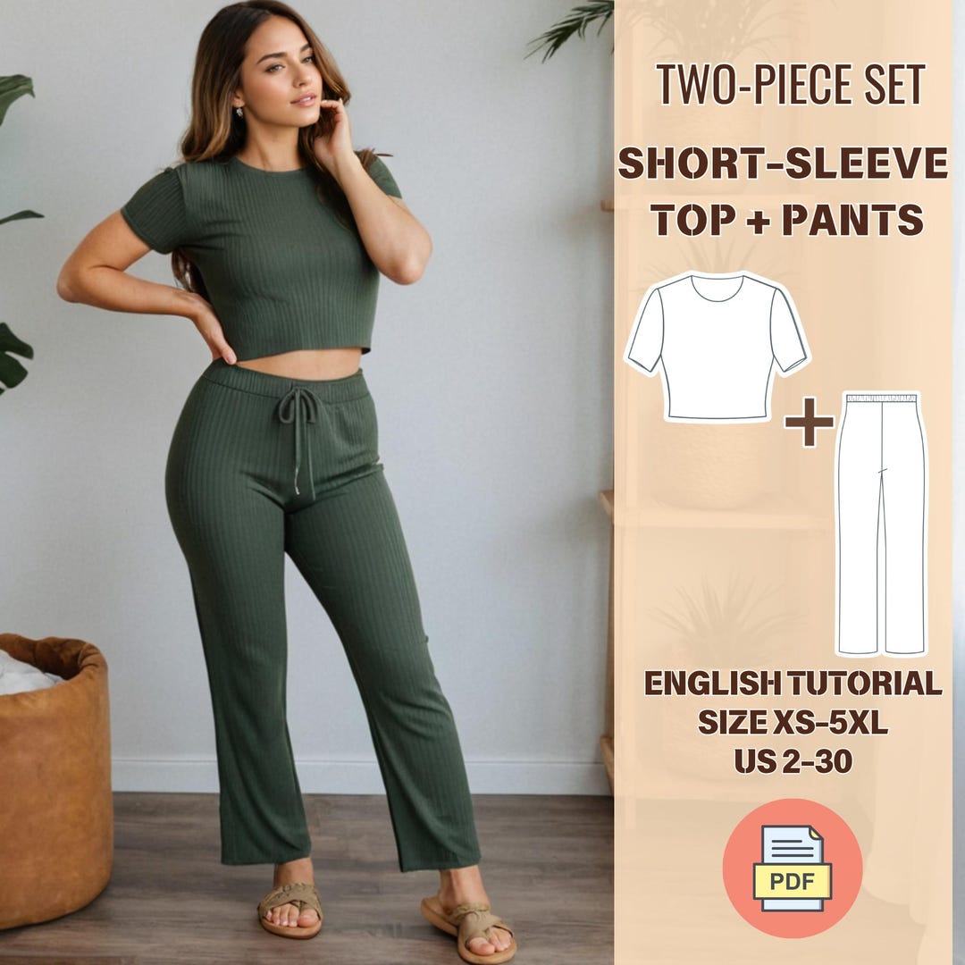 Two Piece Lounge Set Sewing Pattern, Women’s Short Sleeve Crop Top and ...