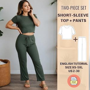 Two Piece Lounge Set Sewing Pattern, Women’s Short Sleeve Crop Top and Pants PDF Pattern, DIY Loungewear Set, XS-5XL, Instant Download