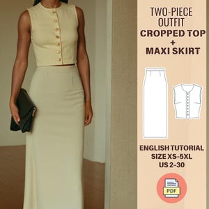 May include: A two-piece outfit sewing pattern for a cropped top and maxi skirt. The pattern includes an English tutorial and is available in sizes XS-5XL (US 2-30). The pattern is available as a PDF download.