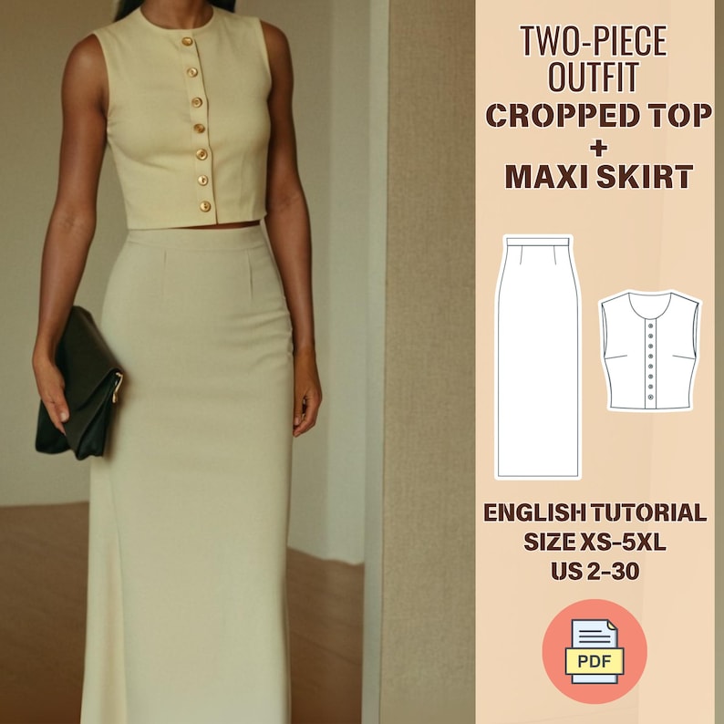 May include: A two-piece outfit sewing pattern for a cropped top and maxi skirt. The pattern includes an English tutorial and is available in sizes XS-5XL (US 2-30). The pattern is available as a PDF download.