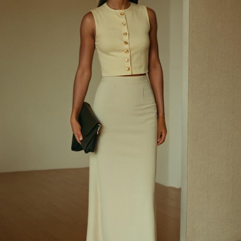May include: A woman wearing a sleeveless, cream-colored top with gold buttons and a matching cream-colored skirt. She is holding a black clutch.