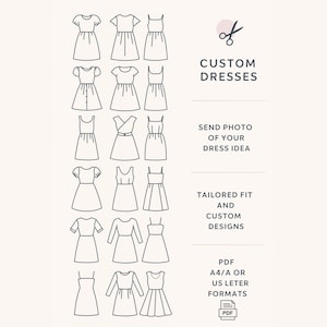 Può includere: Grafica rosa chiaro con disegni a tratto di vari abiti. Il testo recita "CUSTOM DRESSES", "SEND PHOTO OF YOUR DRESS IDEA" e "TAILORED FIT AND CUSTOM DESIGNS". L'immagine include anche un'icona PDF.
