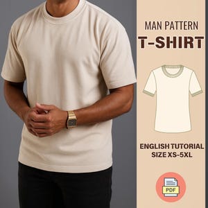 Men’s T-Shirt Sewing Pattern PDF with English Tutorial | XS to 5XL Printable Basic Crew Neck Shirt Pattern | Men's Shirt Oversized pattern