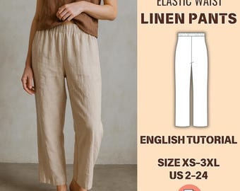 Linen Pants Sewing Pattern, Cropped Elastic Waist, PDF Tutorial, XS-3XL, Easy Summer Pants