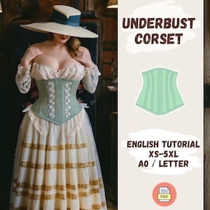 Può includere: Un corsetto verde sotto il seno con ricami floreali. Il corsetto è mostrato su una modella che indossa una gonna a righe bianche e dorate. L'immagine include il testo "Underbust Corset", "English Tutorial", "XS-5XL", "AO / LETTER" e "PDF".