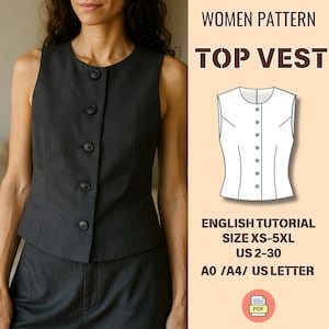 Puede incluir: Un chaleco gris oscuro con botones. La imagen también incluye un diagrama del chaleco y el texto "WOMEN PATTERN TOP VEST ENGLISH TUTORIAL SIZE XS-5XL US 2-30 A0 /A4/ US LETTER".