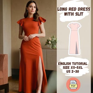 Könnte beinhalten: Ein Schnittmuster für ein langes rotes Kleid mit Schlitz. Das Kleid hat Flatterärmel und ein tailliertes Oberteil. Das Schnittmuster beinhaltet ein englisches Tutorial und ist in den Größen XS-5XL (DE 32-48) erhältlich. PDF-Download.