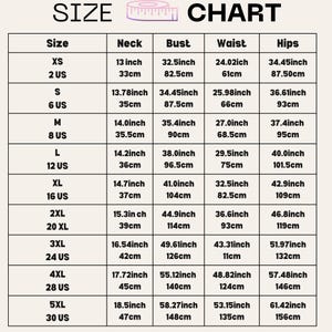 May include: Size chart for clothing with measurements in inches and centimeters. The chart includes sizes XS to 5XL, with corresponding neck, bust, waist, and hip measurements.