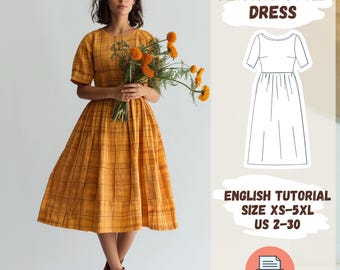 Vintage Plaid Dress Sewing Pattern | Cottagecore Midi Dress | Retro Summer Dress | Women's Dress Pattern | XS-5XL