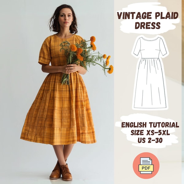 Vintage Plaid Dress Sewing Pattern | Cottagecore Midi Dress | Retro Summer Dress | Women's Dress Pattern | XS-5XL