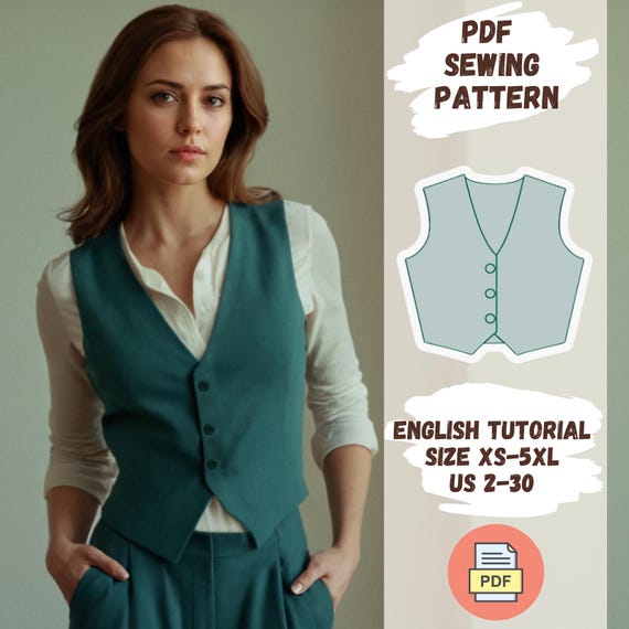 Classic Vest Sewing Pattern PDF | Women’s Vest Tutorial | XS-5XL Sizes | Vintage-Inspired Sewing Pattern | Office Vest