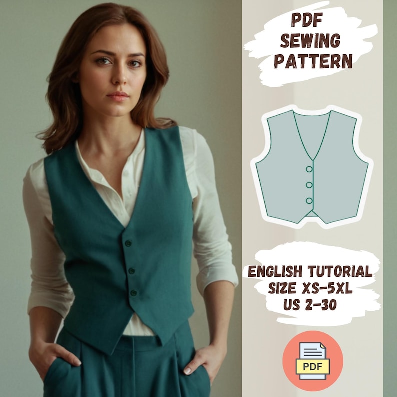 May include: A teal vest with three buttons is worn over a white blouse. The image includes a diagram of the vest and text that reads "PDF Sewing Pattern" and "English Tutorial Size XS-5XL US 2-30".