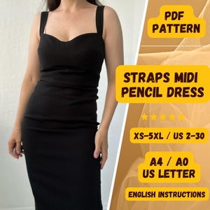 Midi Bleistift Kleid Schnittmuster, Trägern Elegantes Kleid Schnittmuster, Bleistift Rock Schnittmuster für Frauen, Niedliches Träger Kleid, XS-5XL, PDF Schnittmuster