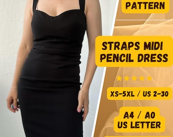 Molde para vestido lápis midi, modelo elegante com alças, modelo de saia lápis feminina, vestido charmoso com alças, tamanhos do XS ao 5XL, molde de costura em PDF.