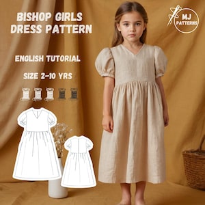 Bishop Girls Dress Sewing Pattern, Kids Dress PDF Pattern, Vintage Linen Dress Pattern, Toddler to Kids Dress Sewing Tutorial, 2-10 years