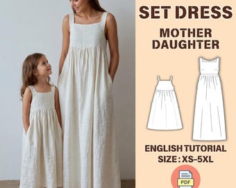Set Dress Mother Daughter PDF Sewing Pattern, Maxi Linen Sleeveless, Linen Short Sleevele, Square Neck, Pockets, Empire Waist