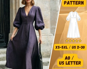 Maxi Dress Sewing Pattern | Waist Band Dress | Bishop Sleeve Dress | XS-5XL Sizes | US Letter, A0 Format | V-Neck Dress