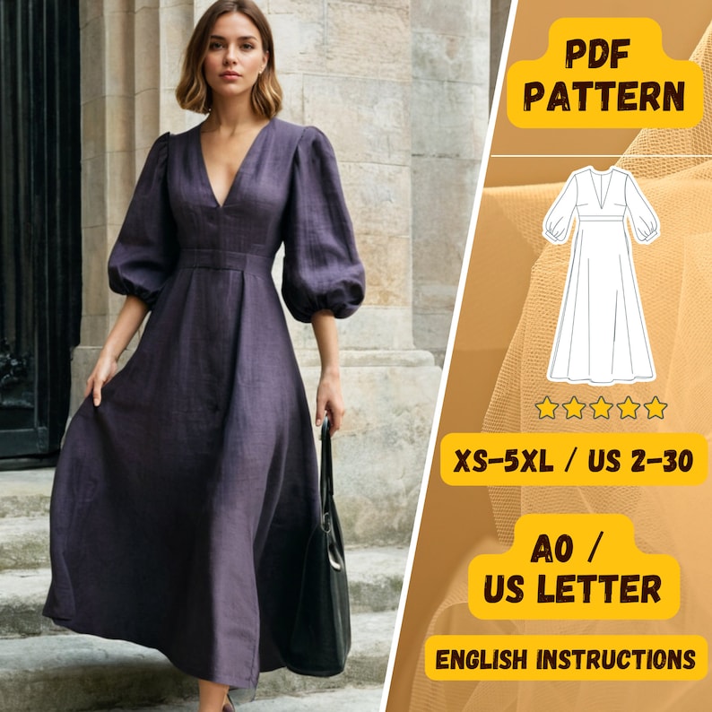 May include: A PDF sewing pattern for a maxi dress with a V-neckline and puff sleeves. The pattern includes sizes XS-5XL and US sizes 2-30. The pattern is available in A0 or US letter size and includes English instructions. The pattern is illustrated with a line drawing of the dress.