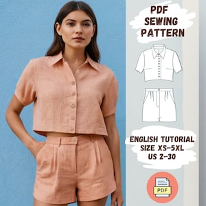 Set Crop Shirt Shorts Sewing Pattern | Buttoned Shirt | Wide Leg Shorts Pattern | Top Pattern | Women patterns | Tank Top | Summer Set
