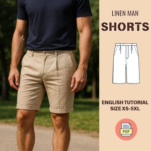 Patrón de costura en PDF para pantalones cortos de lino plisados para hombre: pantalones cortos de verano tallas XS-5XL, formato carta, patrón digital para pantalones cortos de hombre, regalo para él