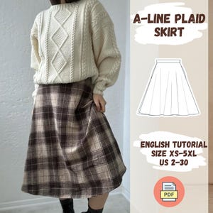 Może przedstawiać: Wzór szycia spódnicy w kształcie litery A w brązową i beżową kratę. Wzór zawiera samouczek w języku angielskim i jest dostępny w rozmiarach XS-5XL (PL 34-52). Pobierz PDF.