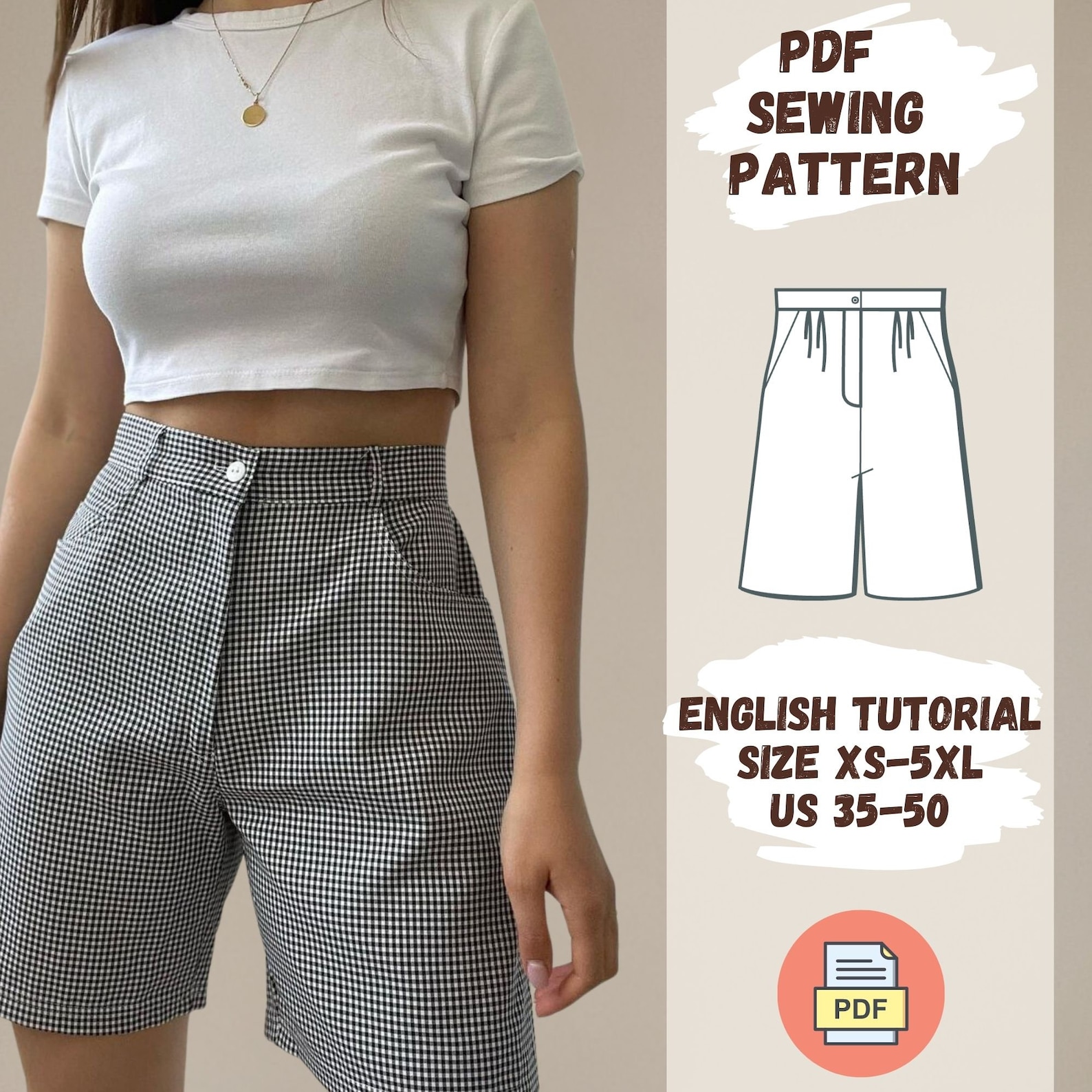 Shorts PDF Pattern Women Button Cotton Shorts Sewing Pattern Summer — free download
