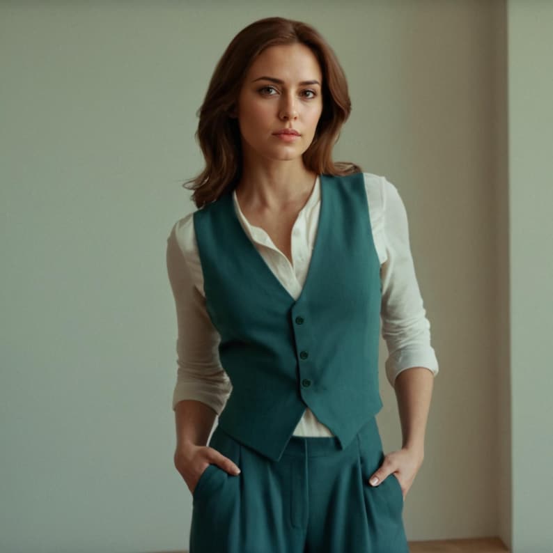 May include: A teal vest with matching trousers and a white button-down shirt. The vest has a V-neck and button closure. The outfit is a classic, tailored style. The model is wearing the outfit.