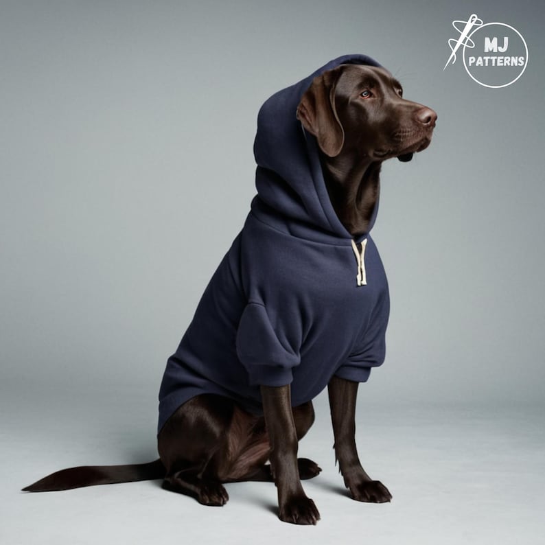 Pu&ograve; includere: Un cane marrone che indossa una felpa con cappuccio blu navy. La felpa ha un cappuccio con coulisse e maniche lunghe.