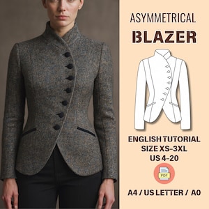 Peut inclure: Une femme porte un blazer asymétrique en tissu tweed gris et marron. Le blazer a un col montant et des boutons noirs. L'image comprend un schéma du blazer et le texte "ASYMMETRICAL BLAZER".